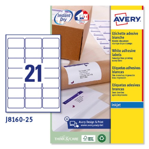 2259-PAQUETE 25 HOJAS ETIQUETAS BLANCAS QUICK DRY-IMPRESORAS DE INYECCION DE TINTA-63,5X38,1 MM AVERY J8160-25