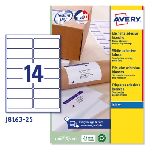 2260-PAQUETE 25 HOJAS ETIQUETAS BLANCAS QUICK DRY-IMPRESORAS DE INYECCION DE TINTA-99,1X38,1 MM AVERY J8163-25
