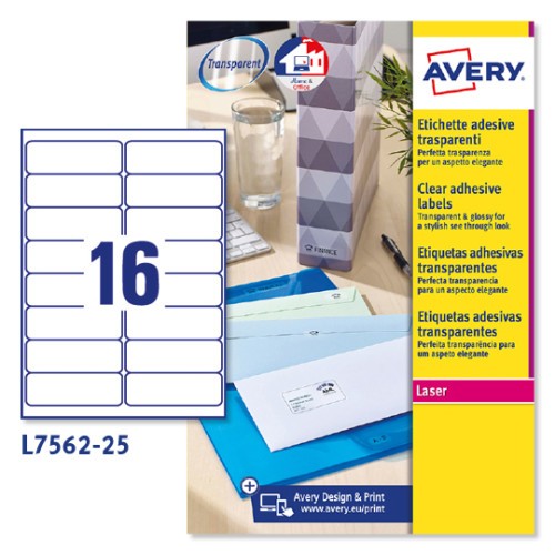 2261-PAQUETE 25 HOJAS ETIQUETAS TRANSPARENTES QUICKPEEL-IMPRESORAS LASER-99,1X33,9 MM AVERY L7562-25