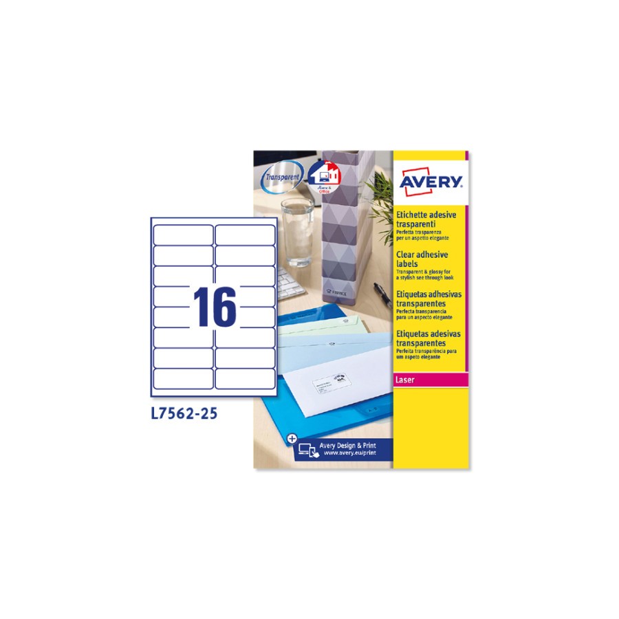 2261-PAQUETE 25 HOJAS ETIQUETAS TRANSPARENTES QUICKPEEL-IMPRESORAS LASER-99,1X33,9 MM AVERY L7562-25