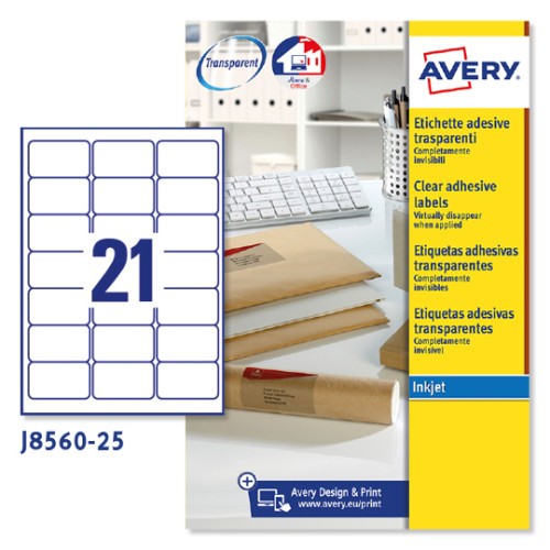 2262-PAQUETE 25 HOJAS ETIQUETAS TRANSPARENTES QUICKPEEL-IMPRESORAS DE INYECCION DE TINTA-63,5X38,1 MM AVERY J8560-25