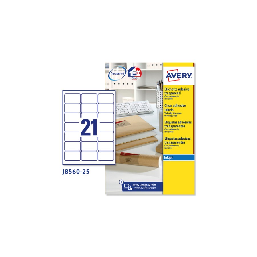2262-PAQUETE 25 HOJAS ETIQUETAS TRANSPARENTES QUICKPEEL-IMPRESORAS DE INYECCION DE TINTA-63,5X38,1 MM AVERY J8560-25