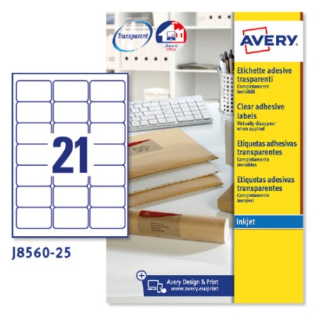 2262-PAQUETE 25 HOJAS ETIQUETAS TRANSPARENTES QUICKPEEL-IMPRESORAS DE INYECCION DE TINTA-63,5X38,1 MM AVERY J8560-25