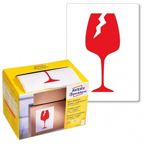 2264-ROLLO 200 ETIQUETAS PARA ENVIOS PRE-IMPRESAS CON EL ICONO "FRAGIL" 74X100 MM AVERY 7251