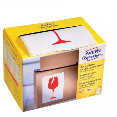 2265-ROLLO 200 ETIQUETAS PARA ENVIOS PRE-IMPRESAS CON EL ICONO "FRAGIL" 74X100 MM AVERY 7251