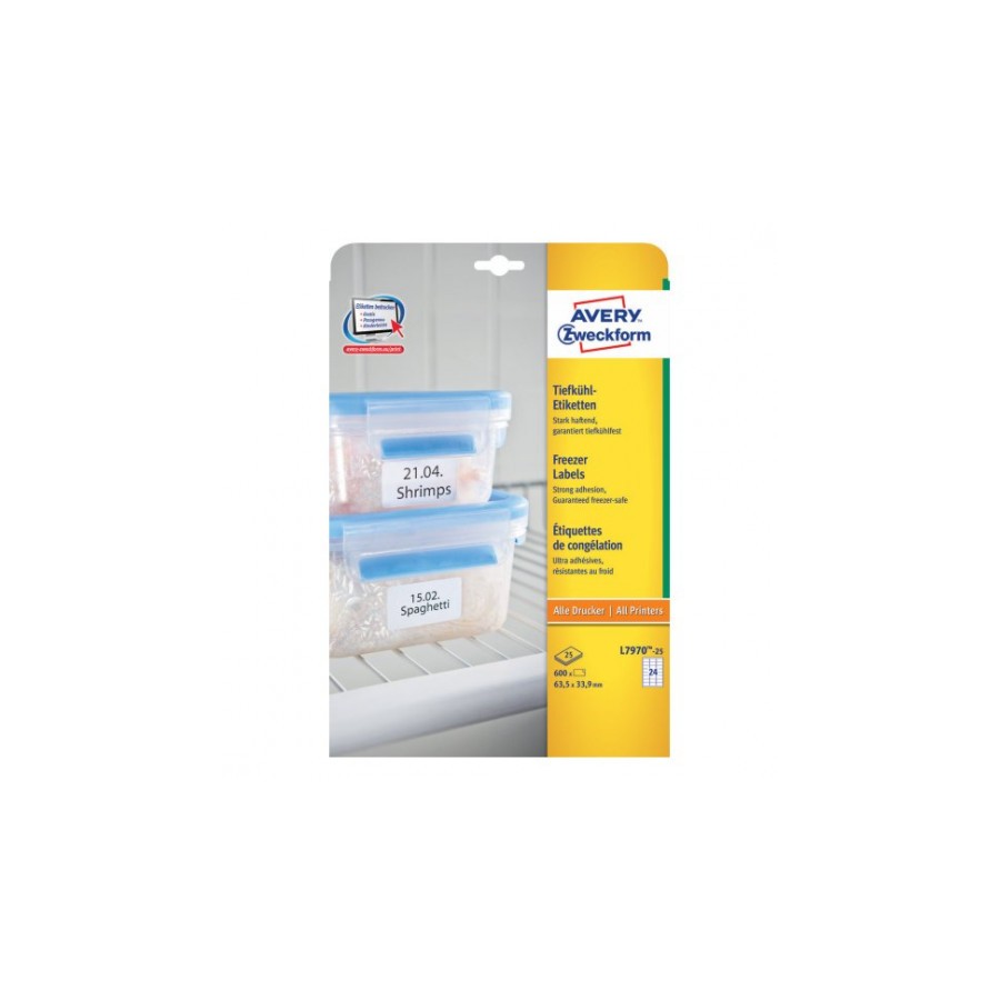 2268-PAQUETE 25 HOJAS ETIQUETAS PARA EL CONGELADOR-IMPRESORAS LASER, INYECCION DE TINTA Y FOTOCOPIADORAS-63,5 X 33,9 MM