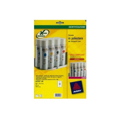 22775-PAQUETE 20 HOJAS ETIQUETAS DE POLIESTER BLANCO-IMPRESORAS LASER-99,1X42,3 MM AVERY L4776-20