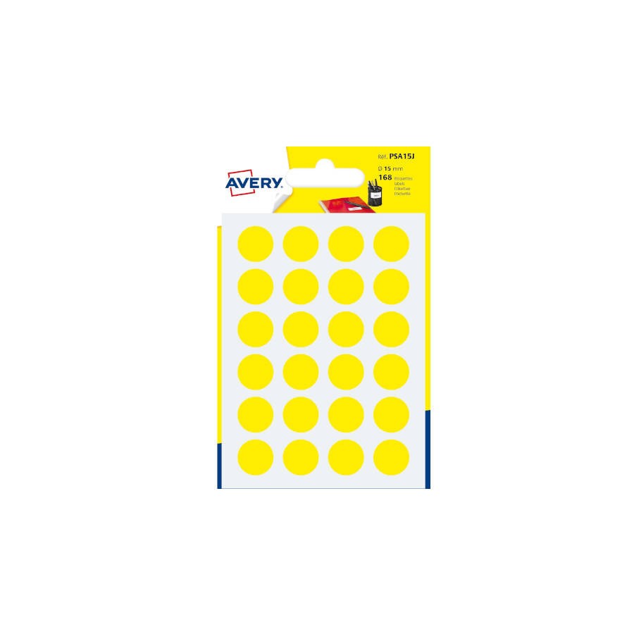 2285-PAQUETE 7 HOJAS ETIQUETAS REDONDAS GOMETS AMARILLAS 15MM DIAMETRO AVERY PSA15J
