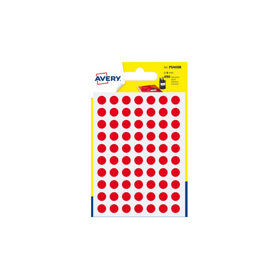 2288-PAQUETE 6 HOJAS ETIQUETAS REDONDAS GOMETS ROJAS 8MM DIAMETRO AVERY PSA08R