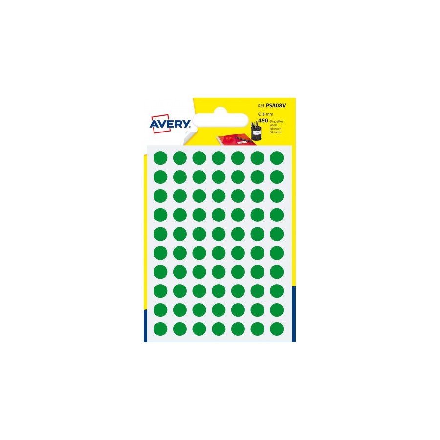 2289-PAQUETE 6 HOJAS ETIQUETAS REDONDAS GOMETS VERDES 8MM DIAMETRO AVERY PSA08V