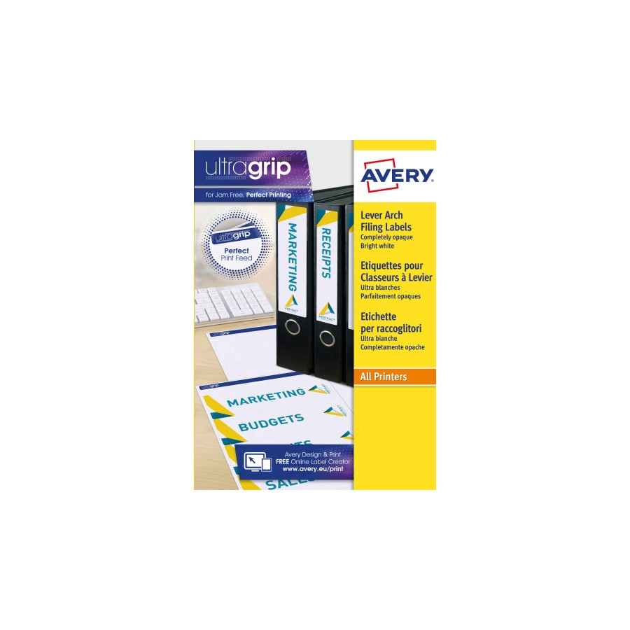 2290-PAQUETE 25 HOJAS ETIQUETAS BLANCAS PARA ARCHIVADORES CON DORSO FINO-IMPRESORAS LASER-192X38 MM AVERY L4760-25