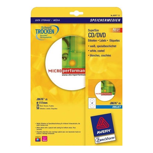 2293-PAQUETE 25 HOJAS ETIQUETAS FULL-FACE NO TOUCH BLANCAS PAPEL CUCHE OPACA PARA CD-IMPRESORAS INYECCION TINTA-117 MM A