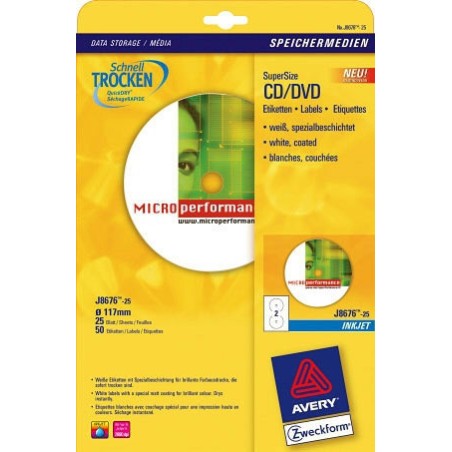 2293-PAQUETE 25 HOJAS ETIQUETAS FULL-FACE NO TOUCH BLANCAS PAPEL CUCHE OPACA PARA CD-IMPRESORAS INYECCION TINTA-117 MM A