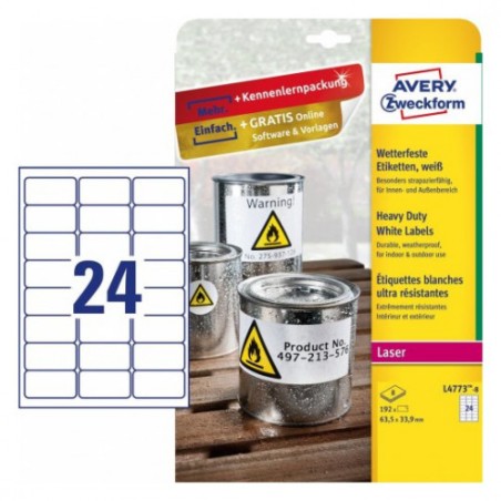 2298-PAQUETE 8 HOJAS ETIQUETAS DE POLIESTER BLANCO PARA IMPRESORAS LASER 63,5X33,9 MM AVERY L4773-8