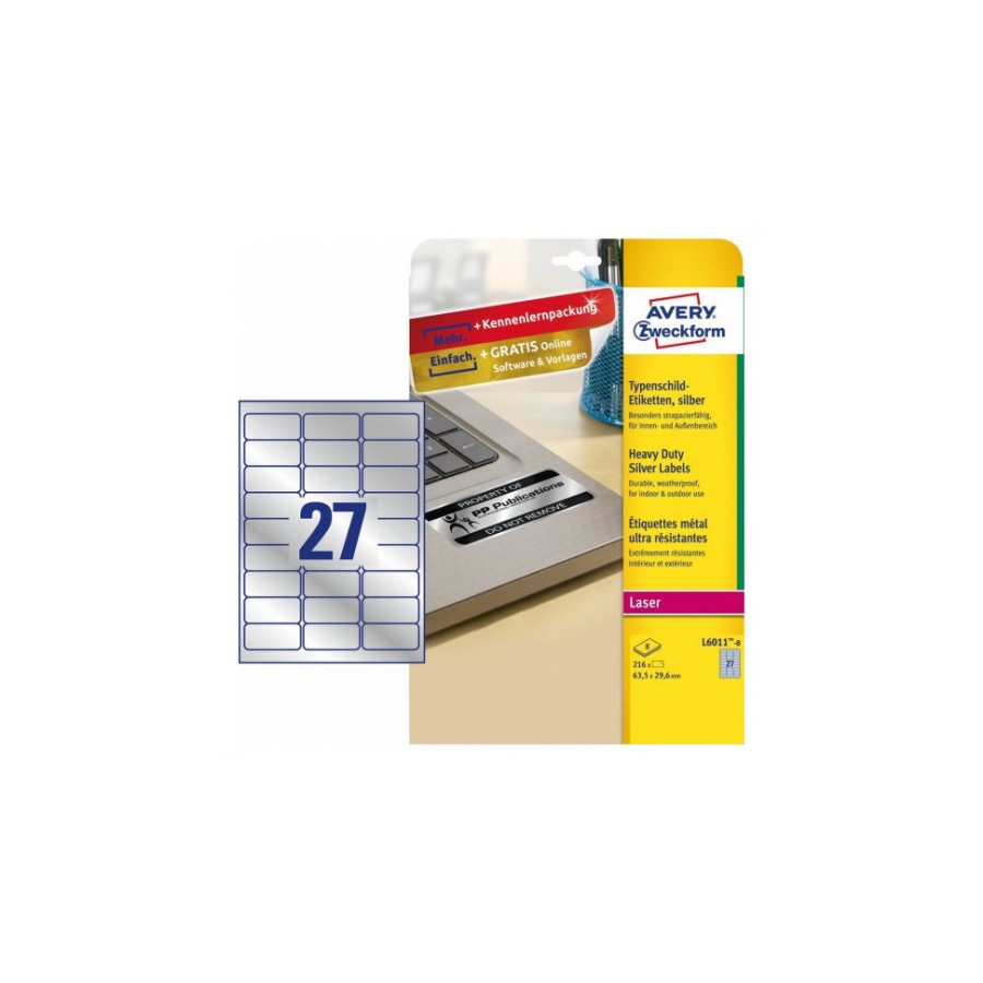 2308-PAQUETE 8 HOJAS ETIQUETAS PLATEADAS DE POLIESTER-IMPRESORAS LASER-63,5X29,6 MM AVERY L6011-8