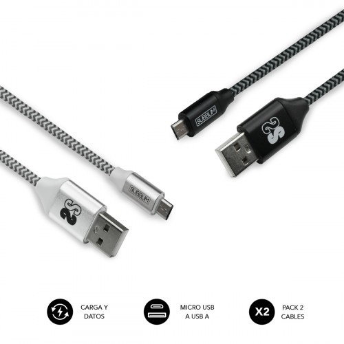 23150-SUBBLIM PACK 2 CABLES USB A MICRO USB (2.4A) 1M BLACK/SILVER
