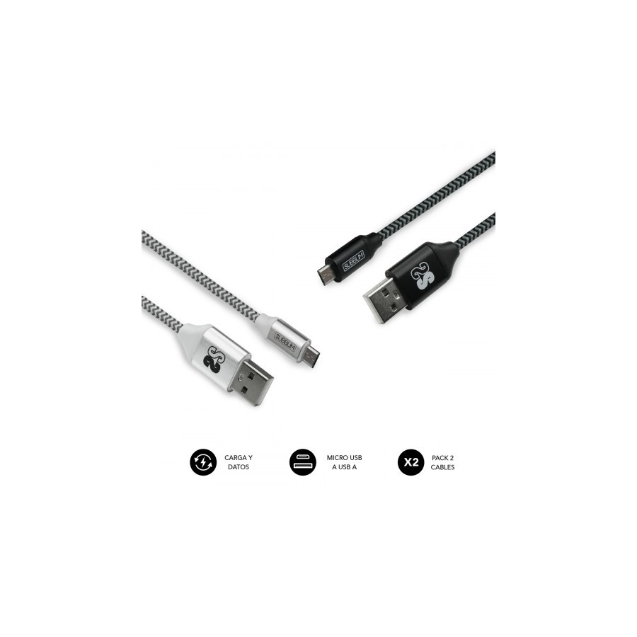 23150-SUBBLIM PACK 2 CABLES USB A MICRO USB (2.4A) 1M BLACK/SILVER