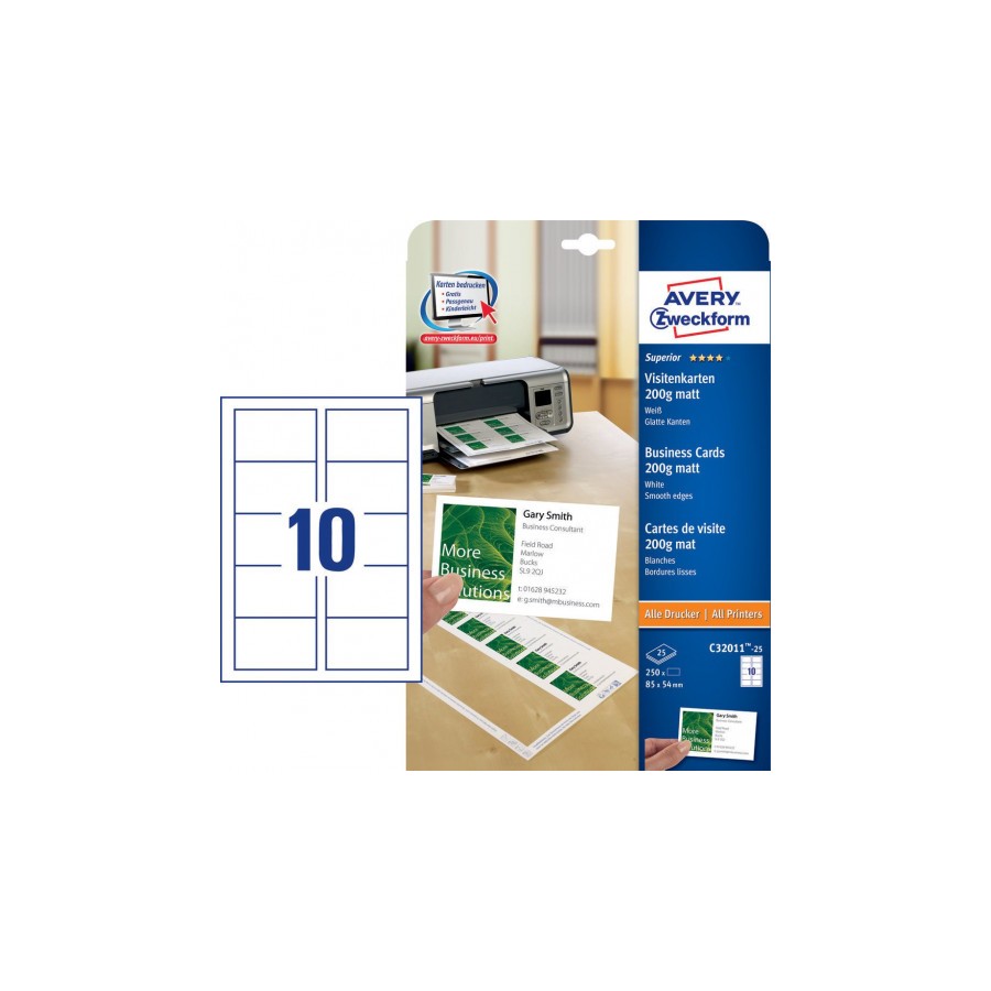 2316-PAQUETE 25 HOJAS TARJETAS DE VISITA BLANCAS 200G QUICK CLEAN-ECOLOGICAS-IMPRESORAS LASER-85X54 MM AVERY C32011-25