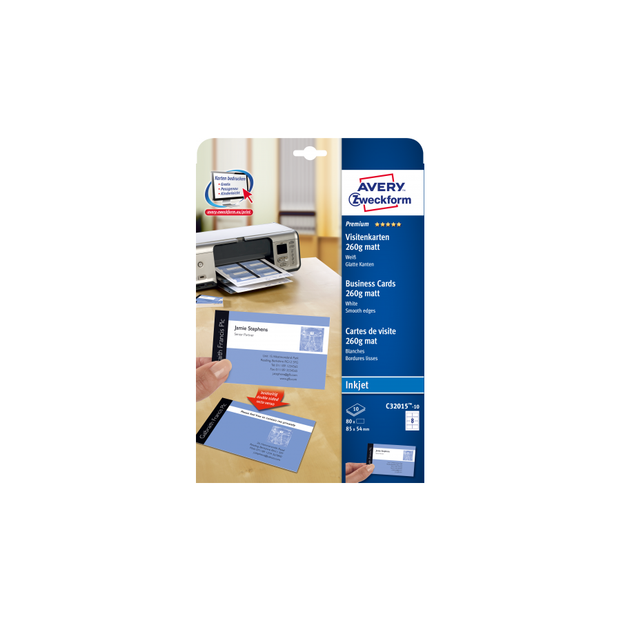 2318-PAQUETE 10 HOJAS TARJETAS DE VISITA BLANCAS QUICK CLEAN DE PAPEL CUCHE OPACAS-260 G-IMPRESORAS DE INYECCION DE TINT