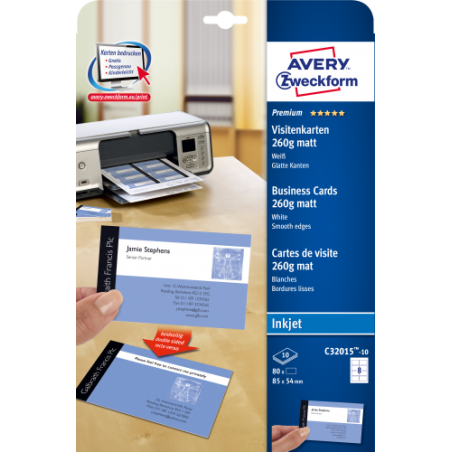 2318-PAQUETE 10 HOJAS TARJETAS DE VISITA BLANCAS QUICK CLEAN DE PAPEL CUCHE OPACAS-260 G-IMPRESORAS DE INYECCION DE TINT