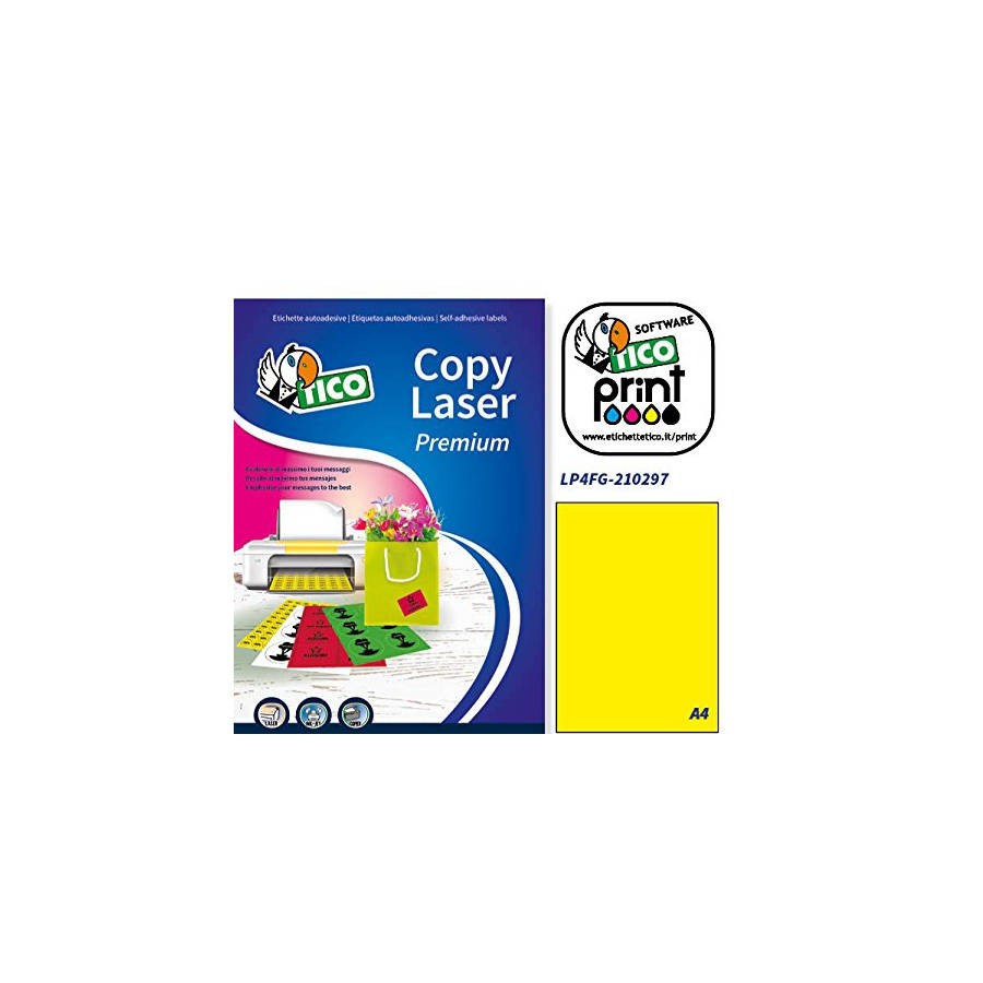 2376-CAJA 70 HOJAS ETIQUETAS AMARILLO FLUORESCENTE SIN MARGENES-LASER/INYECCION DE TINTA/FOTOCOPIADORAS-210X297 MM TICO