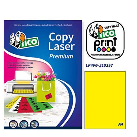 2376-CAJA 70 HOJAS ETIQUETAS AMARILLO FLUORESCENTE SIN MARGENES-LASER/INYECCION DE TINTA/FOTOCOPIADORAS-210X297 MM TICO