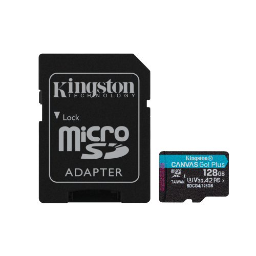 24380-Kingston Technology Tarjeta microSDXC Canvas Go Plus Gen4 de 128 GB, 200 MB/s, A2 U3 V30 y adaptador