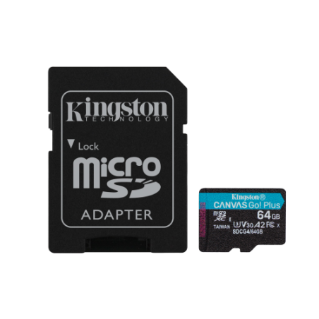 24384-Kingston Technology Tarjeta microSDXC Canvas Go Plus Gen4 de 64 GB, 200 MB/s, A2 U3 V30 y adaptador