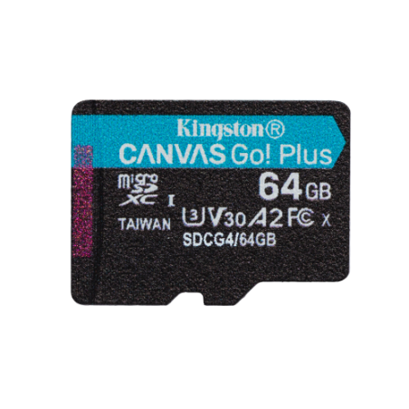 24385-Kingston Technology Tarjeta microSDXC Canvas Go Plus Gen4 de 64 GB, 200 MB/s, A2 U3 V30 y adaptador