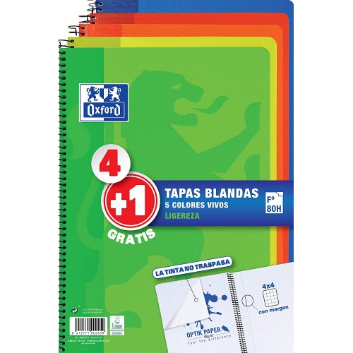 24473-PACK 4+1 CUADERNO ESPIRAL TAPA BLANDA FOLIO 80 HOJAS 4X4 CON MARGEN COLORES VIVOS OXFORD 400027271
