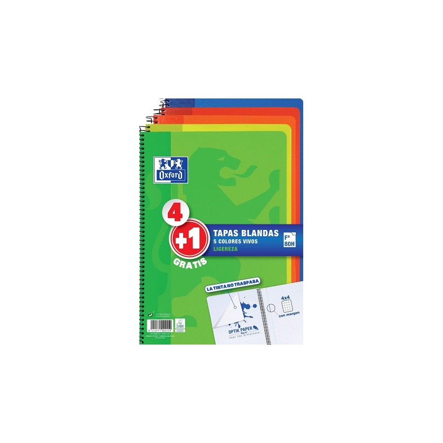 24473-PACK 4+1 CUADERNO ESPIRAL TAPA BLANDA FOLIO 80 HOJAS 4X4 CON MARGEN COLORES VIVOS OXFORD 400027271