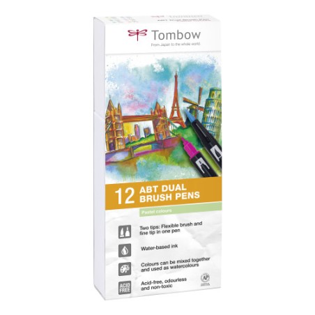 2461-Tombow ABT-12P-2 rotulador Fino Azul, Verde, Gris, Azul claro, Verde claro, Menta, Rosa, Purpura, Amarillo 12 pieza