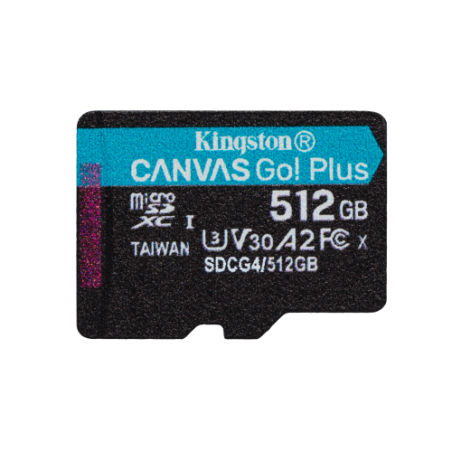 25154-Kingston Technology Tarjeta microSDXC Canvas Go Plus Gen4 de 512 GB, 200 MB/s, A2 U3 V30 y adaptador