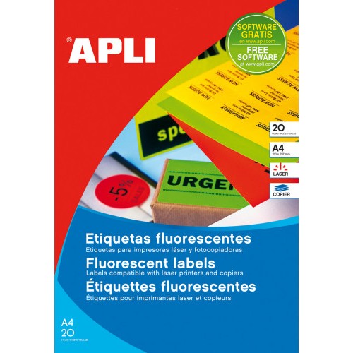 25332-PACK 20 HOJAS (20UD.)ETIQUETAS NARANJA FLUORESCENTE PERMANENTES 210,0 X 297,0 MM APLI 2879