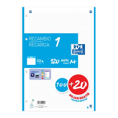 25550-RECAMBIO COLOR 1 A4  100+20 HOJAS 5X5 TURQUESA 90GRS OXFORD 400158058