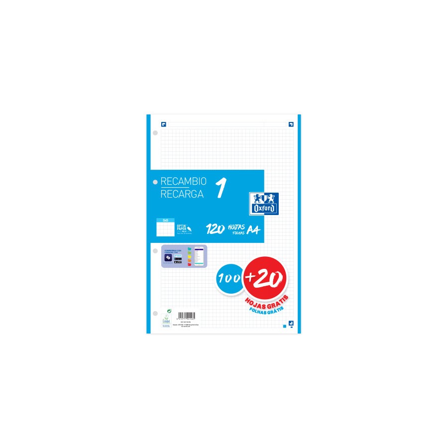 25550-RECAMBIO COLOR 1 A4  100+20 HOJAS 5X5 TURQUESA 90GRS OXFORD 400158058
