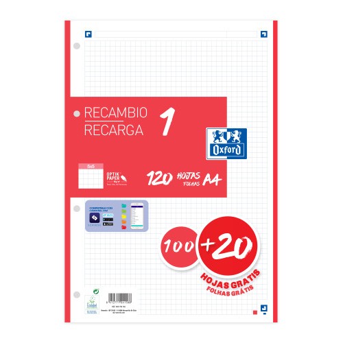 25551-RECAMBIO COLOR 1 A4  100+20 HOJAS 5X5 ROJO 90GRS OXFORD 400158162