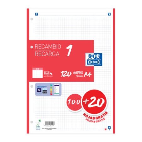25551-RECAMBIO COLOR 1 A4  100+20 HOJAS 5X5 ROJO 90GRS OXFORD 400158162