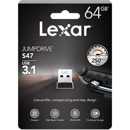 26008-LEXAR JUMPDRIVE USB 3.1 S47 64GB BLACK PLASTIC HOUSING, UP TO 250MB/S