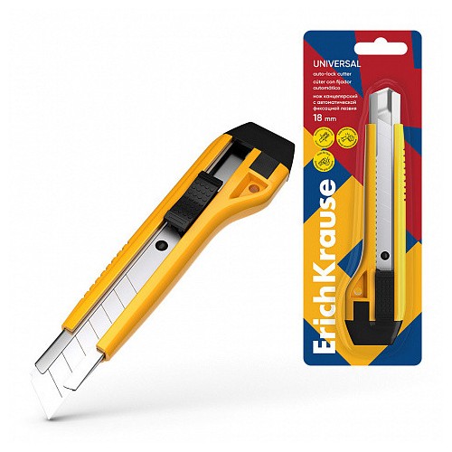 26095-BLISTER CUTTER ESTRECHO 9MM GUIA METALICA Y AUTOBLOQUEO ABS AMARILLO ERICH KRAUSE 19150.