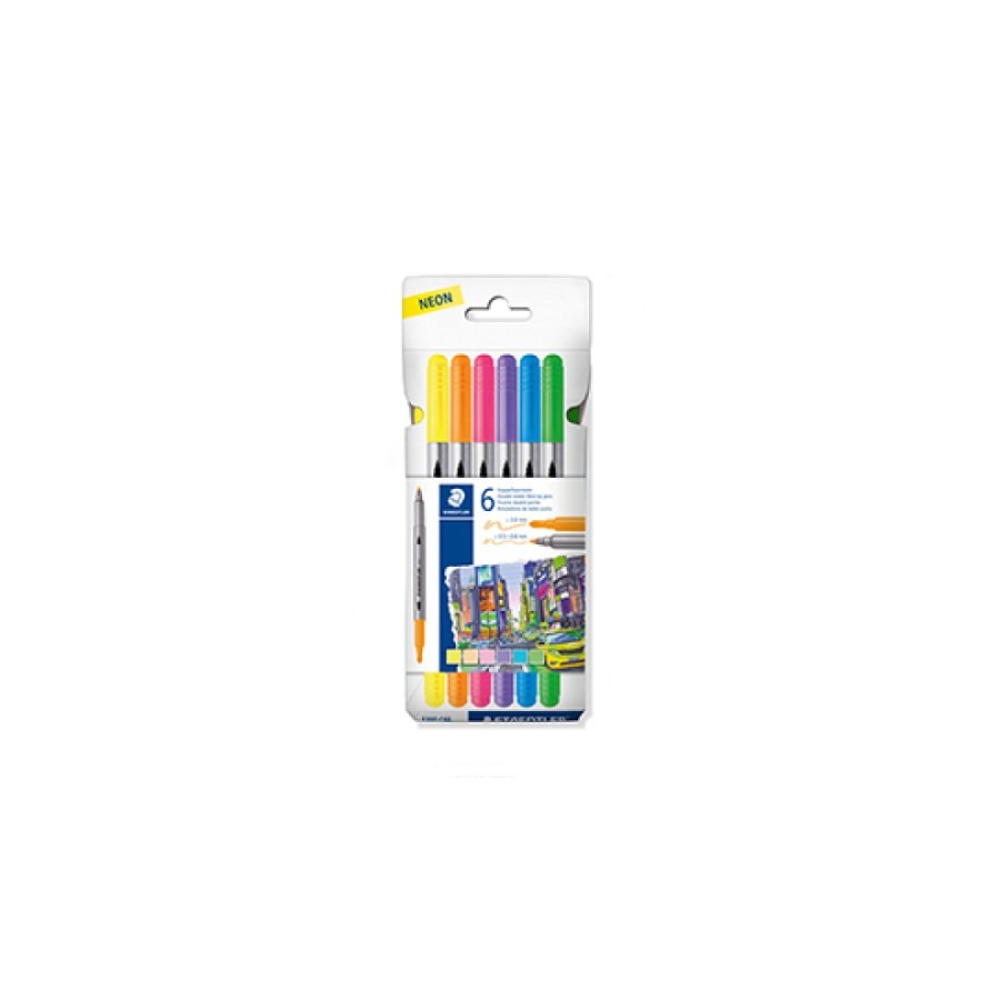 26673-ESTUCHE CARTON CON 6 ROTULADORES DOBLE PUNTA COLORES NEON STAEDTLER 3200 C6F