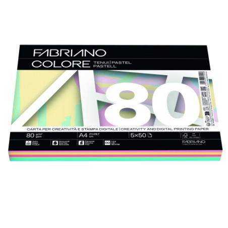 28062-PAQUETE 250 HOJAS A4 80G COLORES SURTIDOS PASTEL (50 HOJAS X COLOR) FABRIANO F62521297