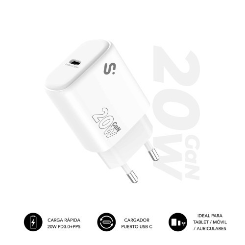 28611-SUBBLIM Cargador USB-C GaN 20W , Power Delivery 3.0 & PPS, Enchufe Rapido para iPhone 16-12, iPad, Galaxy S24-S20,