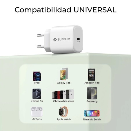 28612-SUBBLIM Cargador USB-C GaN 20W , Power Delivery 3.0 & PPS, Enchufe Rapido para iPhone 16-12, iPad, Galaxy S24-S20,
