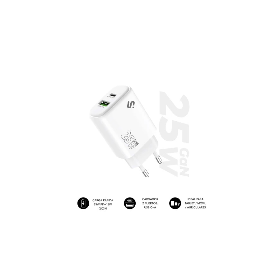 28715-SUBBLIM Cargador GaN 25 W USB-C PD 3.0 + PPS & USB-A QC 3.0, Doble Puerto Rapido para tablets iPad Pro/Air/10/Mini