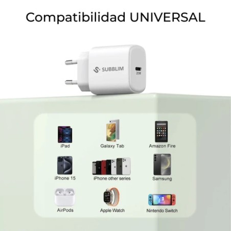 29600-SUBBLIM Cargador USB-C GaN 20W , Power Delivery 3.0 & PPS, Enchufe Rapido para iPhone 16-12, iPad, Galaxy S24-S20,