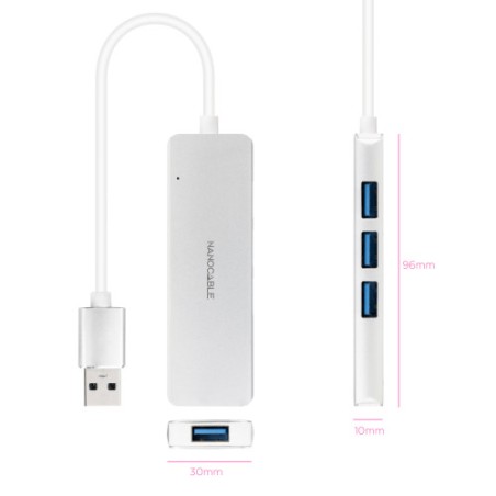 29675-NANOCABLE HUB USB 3.0 4xUSB3.0. USB-A/M-USB 3.0/H ALUM. 18CM