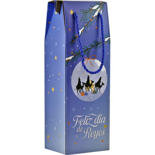 29976-CAJA CON ASA MENSAJES EFECTO MADERA BOTELLERO REYES MAGOS (13X36X10 CM) COLORES SURTIDOS BISMARK 333603