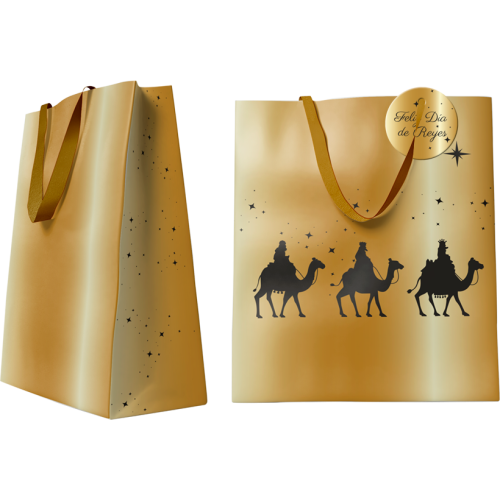 29981-BOLSA DORADA PAPEL REYES MAGOS M (26x12x37 CM) CON TARJETA COLGANTE BISMARK 333672