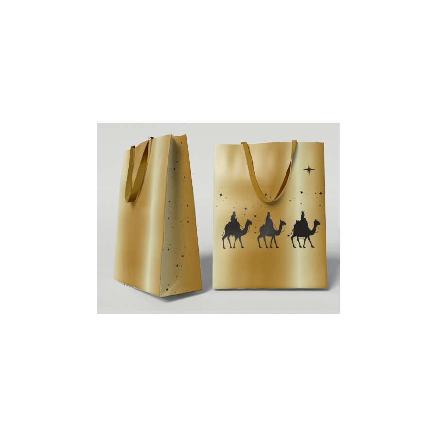 29982-BOLSA DORADA PAPEL REYES MAGOS S (24X10X32 CM) CON TARJETA COLGANTE BISMARK 333673